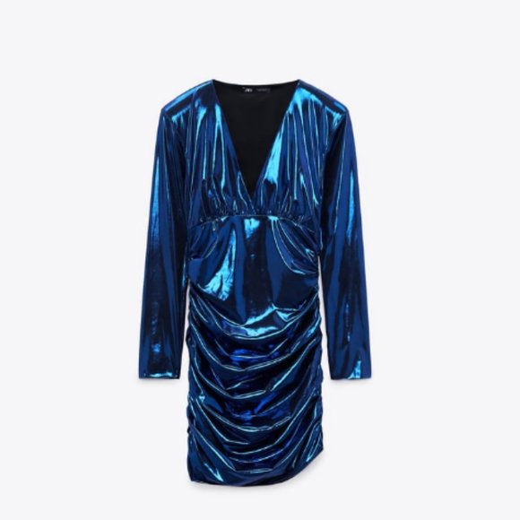 BLOGGER'S FAVE! Zara Blue Liquid Laminated Mini Dress Sz S NWT - Picture 13 of 17